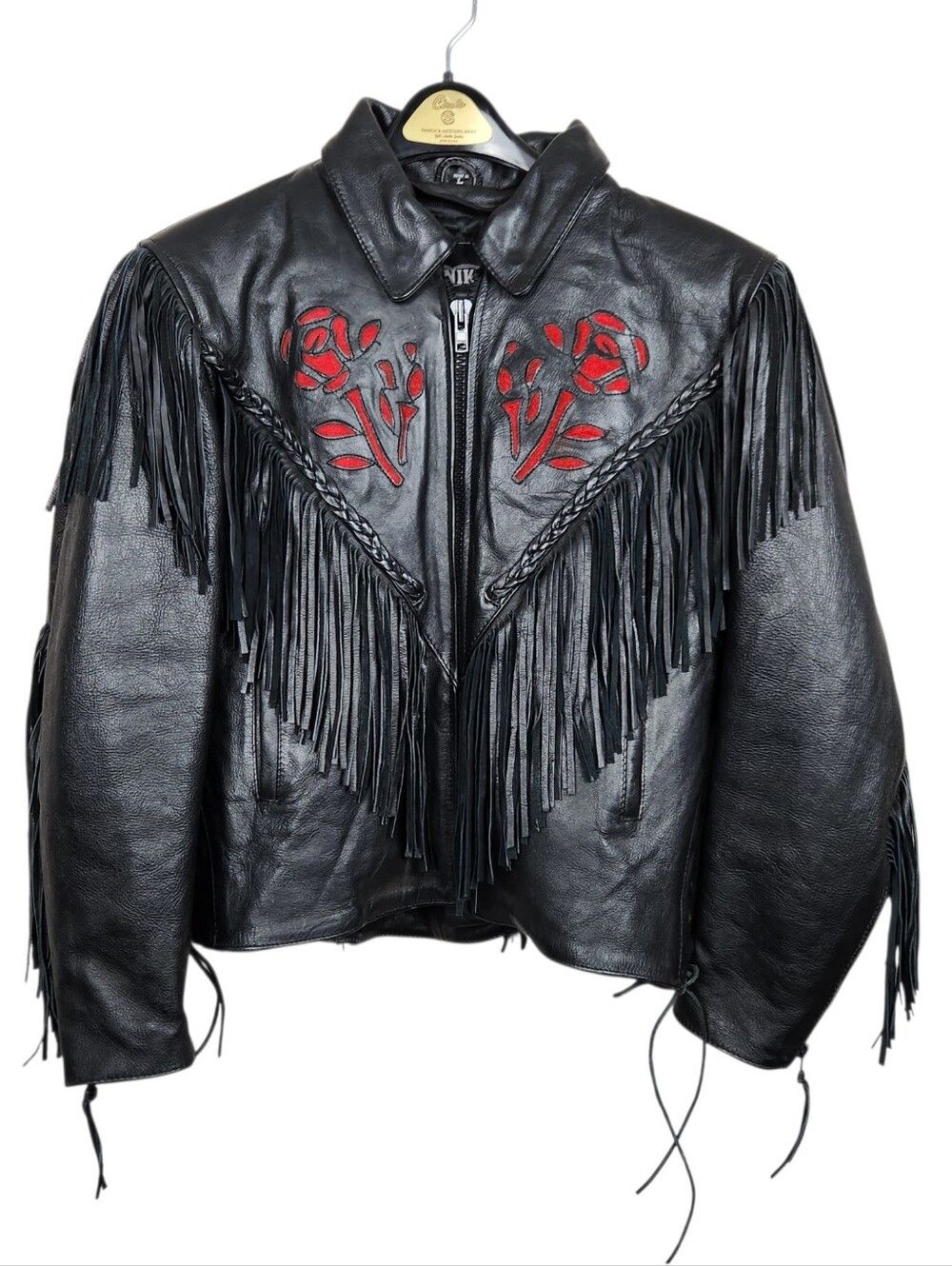 Unik Vintage Black Leather Fringe Jacket Red Rose Inlays Womens Size Large